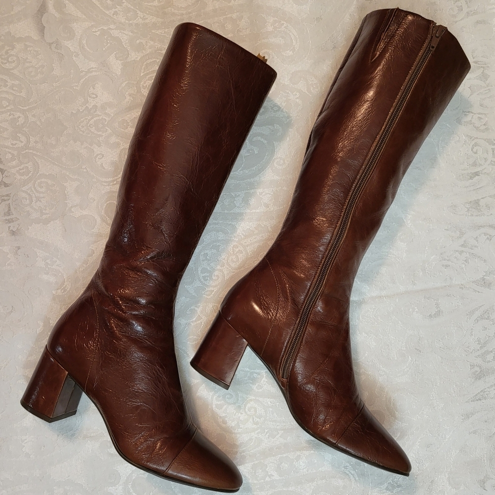 Women's Tall Brown Leather Heeled Boots - Picture 15 of 16